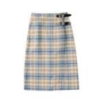 Women’s Knee-Length Tartan Skirt – Beige and Blue Plaid Skirt with Double Leather Buckle Detail - Image 2