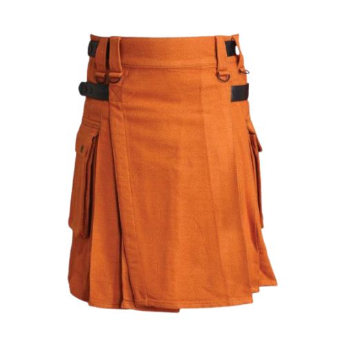 1-2-2.jpg Orange Cotton Utility Kilt with Cargo Pockets - Image 1