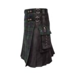 Men’s Modern Black Hybrid Kilt with Tartan Apron and Utility Pockets