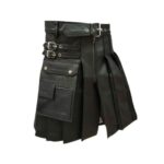Modern Black Pleated Leather Kilt with Side Pocket Design