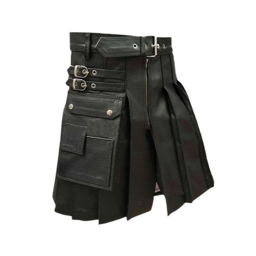 1-7-1.jpg Modern Black Pleated Leather Kilt with Side Pocket Design - Image 1
