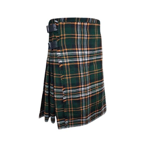 1-7.jpg Irish Tartan Kilt in Green, Orange, White, and Black with Fringed Edge - Image 1