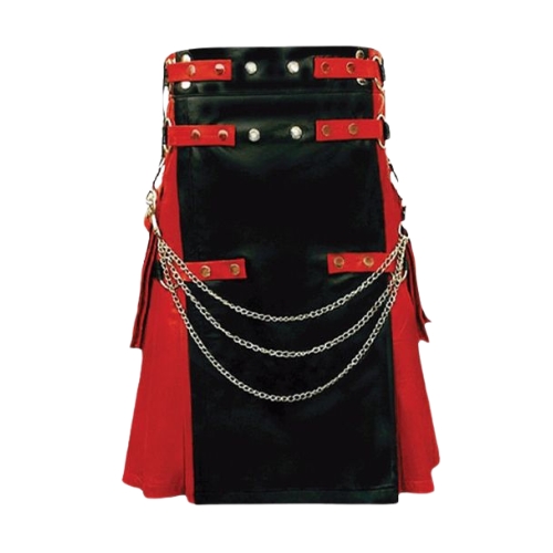 1-8.jpg Black and Red Leather Kilt with Chains and Gothic Accents - Image 1
