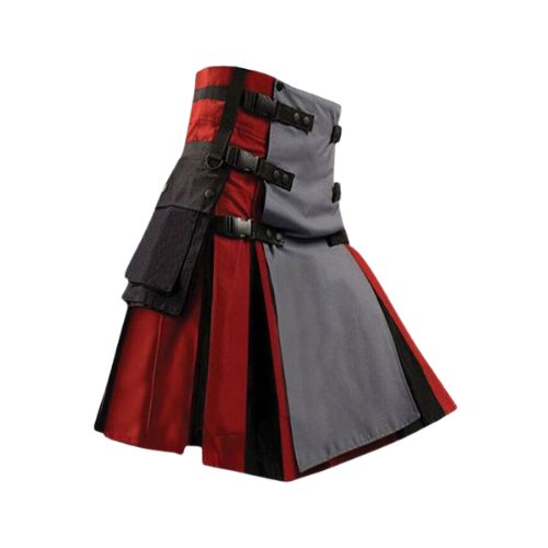 13-5.jpg Men’s Red and Black Hybrid Kilt with Grey Front Apron and Cargo Pockets - Image 1
