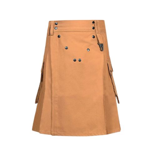 15-9.jpg Tan Tactical Kilt with Cargo Pockets and Studded Fringe - Image 1