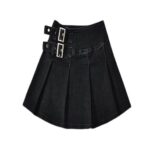 Women’s Black Denim Pleated Mini Kilt with Buckle Straps