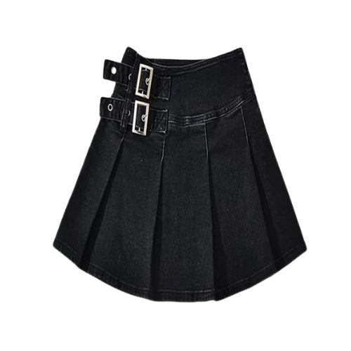 17-12.jpg Women’s Black Denim Pleated Mini Kilt with Buckle Straps - Image 1