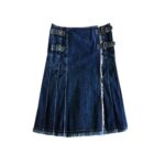 Women's Stylish Blue Denim Kilt with Pleats and Double Buckles