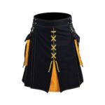 Men’s Black and Yellow Hybrid Kilt with Lace-Up Front and Detachable Pockets