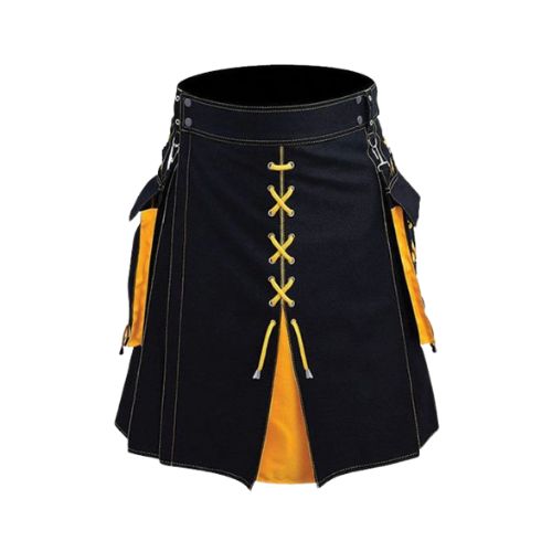 17-2-1.jpg Men’s Black and Yellow Hybrid Kilt with Lace-Up Front and Detachable Pockets - Image 1