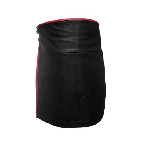 17-6.jpg Modern Black Leather Kilt with Red Piping and Buckle Straps - Image 1