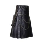 Men's Black Leather Gothic Kilt with Chains and Utility Pockets