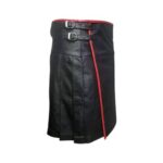 Modern Black Leather Kilt with Red Piping and Buckle Straps - Image 2