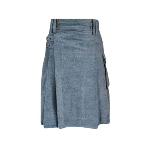 18.jpg Light Wash Blue Denim Kilt with Cargo Pockets and Brass Studs - Image 1