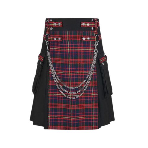 19-1-1.jpg Men’s Black Gothic Hybrid Kilt with Tartan Apron and Chains - Image 1