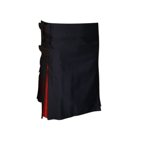 2-12.jpg Women’s Black Utility Kilt with Bold Red Pleats and Leather Straps - Image 1