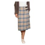 Women’s Knee-Length Tartan Skirt – Beige and Blue Plaid Skirt with Double Leather Buckle Detail