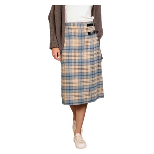 2-17.jpg Women’s Knee-Length Tartan Skirt – Beige and Blue Plaid Skirt with Double Leather Buckle Detail - Image 1
