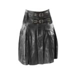 Modern Black Leather Kilt with Wide Waistband and Pleated Design
