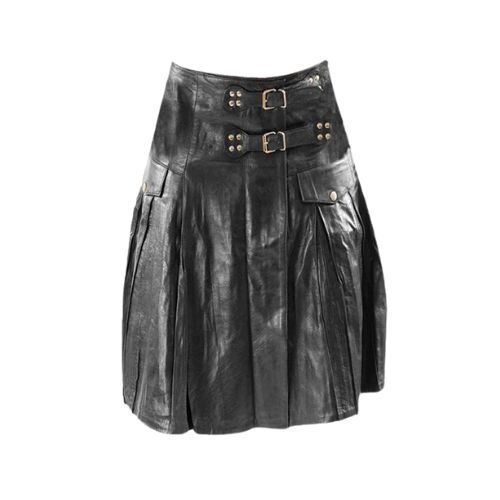 21-5.jpg Modern Black Leather Kilt with Wide Waistband and Pleated Design - Image 1