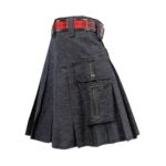 Dark Wash Denim Kilt with Black and Red Accents and Cargo Pockets - Image 4