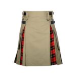 Men’s Khaki Hybrid Utility Kilt with Wallace Tartan Pleats and Cargo Pockets