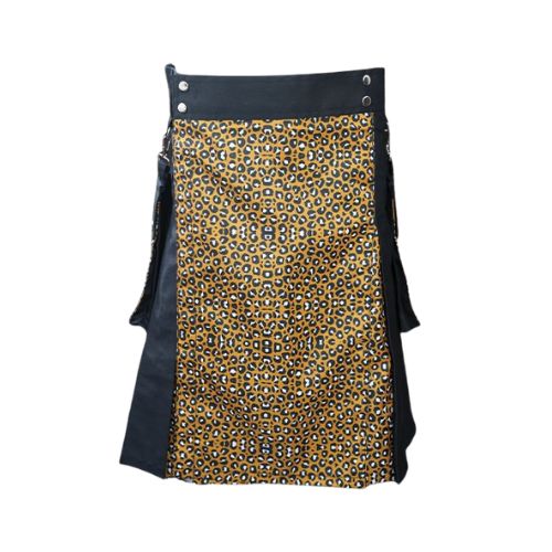25-1-1.jpg Men’s Black Hybrid Kilt with Bold Leopard Print Apron - Image 1