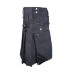Dark Wash Denim Kilt with Black Leather Panel, Cargo Pockets, Silver Studs, and Buckles - Image 4