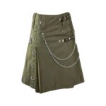 Women’s Olive Green Utility Kilt with Chain Accents and Studded Straps