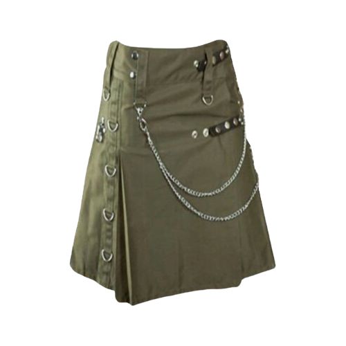 27-4.jpg Women’s Olive Green Utility Kilt with Chain Accents and Studded Straps - Image 1
