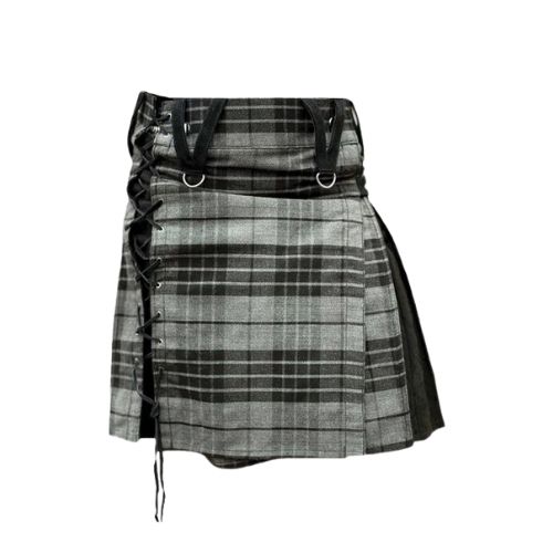 32-1-1.jpg Women’s Grey Tartan Hybrid Kilt with Lace-Up Side and Black Accents - Image 1