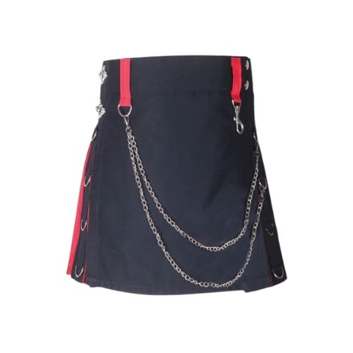 44-1.jpg Women’s Black and Red Hybrid Kilt with Chain Accents and Side Rings - Image 1