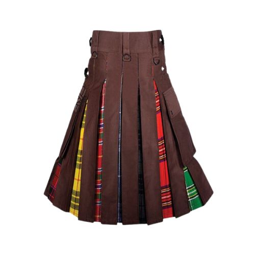 5-3-2.jpg Men’s Brown Hybrid Kilt with Multi-Tartan Pleats and Utility Pockets - Image 1