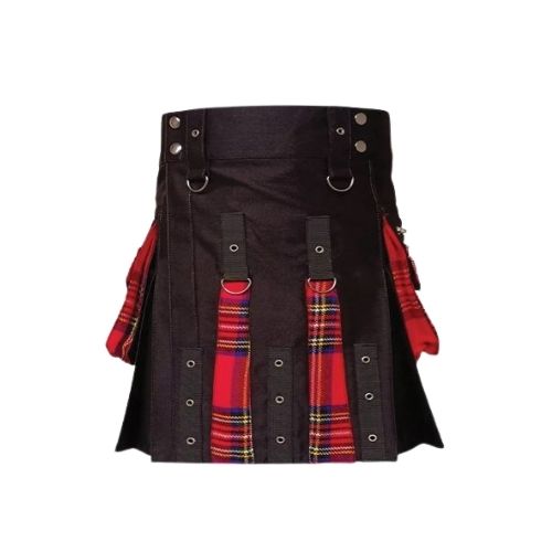 50-1.jpg Women’s Black and Red Tartan Hybrid Kilt with Flap Pockets and Strap Accents - Image 1