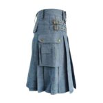Light Wash Blue Denim Kilt with Cargo Pockets and Brass Studs - Image 2