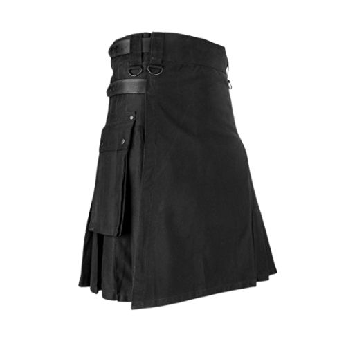 7-1.jpg Utility Black Wool Traditional Velcro Kilt with Tartan Accents - Image 1