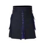 Men’s Black and Blue Hybrid Kilt with Lace-Up Front and Utility Design
