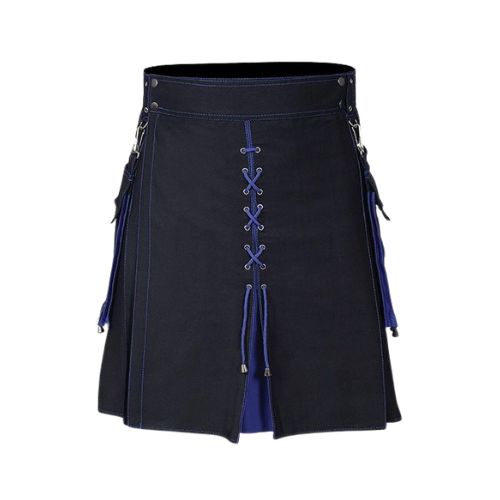 7-2-1.jpg Men’s Black and Blue Hybrid Kilt with Lace-Up Front and Utility Design - Image 1