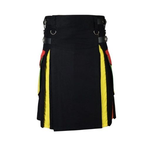 76.jpg Men’s Black Utility Kilt with Rainbow Pleats and Cargo Pockets - Image 1