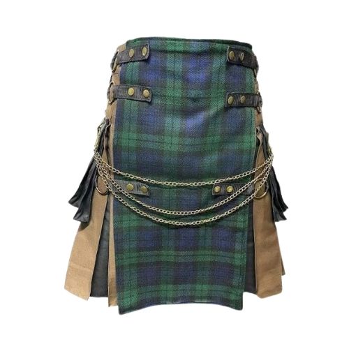 77.jpg Men’s Brown and Black Gothic Hybrid Kilt with Black Watch Tartan Apron and Chains - Image 1