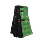 Men’s Black Hybrid Kilt with Irish Tartan Apron and Utility Features