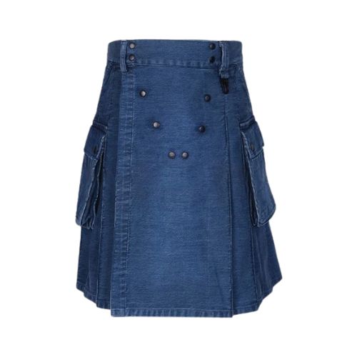 9-5.jpg Indigo Denim Kilt with Cargo Pockets and Brass Studs - Image 1