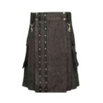 Dark Denim Wash Kilt with Black Panel, Silver Studs, Cargo Pockets, Adjustable Straps, and D-Rings