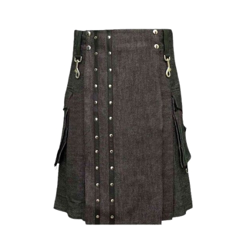 Add-a-subheading-10.jpg Dark Denim Wash Kilt with Black Panel, Silver Studs, Cargo Pockets, Adjustable Straps, and D-Rings - Image 1