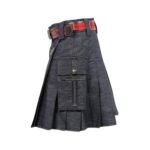 Dark Wash Denim Kilt with Black and Red Accents and Cargo Pockets - Image 2