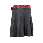 Dark Wash Denim Kilt with Black and Red Accents and Cargo Pockets - Image 3