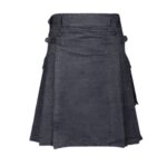 Dark Denim Kilt with Leather Straps, Buckles, and Cargo Pockets
