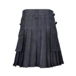 Dark Denim Kilt with Leather Straps, Buckles, and Cargo Pockets - Image 3