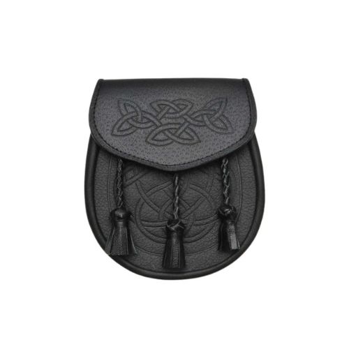 Black-Leather-Day-Sporran-with-Celtic-Knotwork.jpg Black Leather Day Sporran with Celtic Knotwork - Image 1