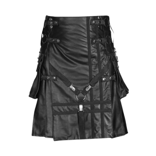 Black-Leather-Gothic-Kilt.jpg Black Leather Gothic Kilt - Image 1